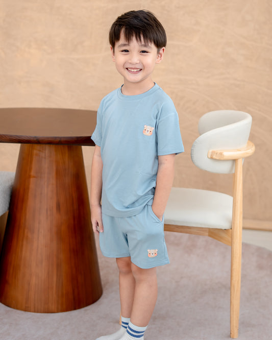 Front view of kids skyblue loungewear set made from breathable eco-friendly Lenzing TENCEL™ Lyocell fabric
