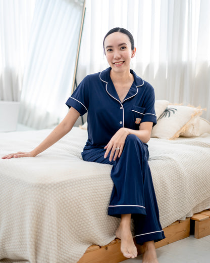 Adult Luxe Comfort Pyjamas Set in navy, long pants style crafted from OEKO-TEX® certified bamboo for breathable luxury sleepwear