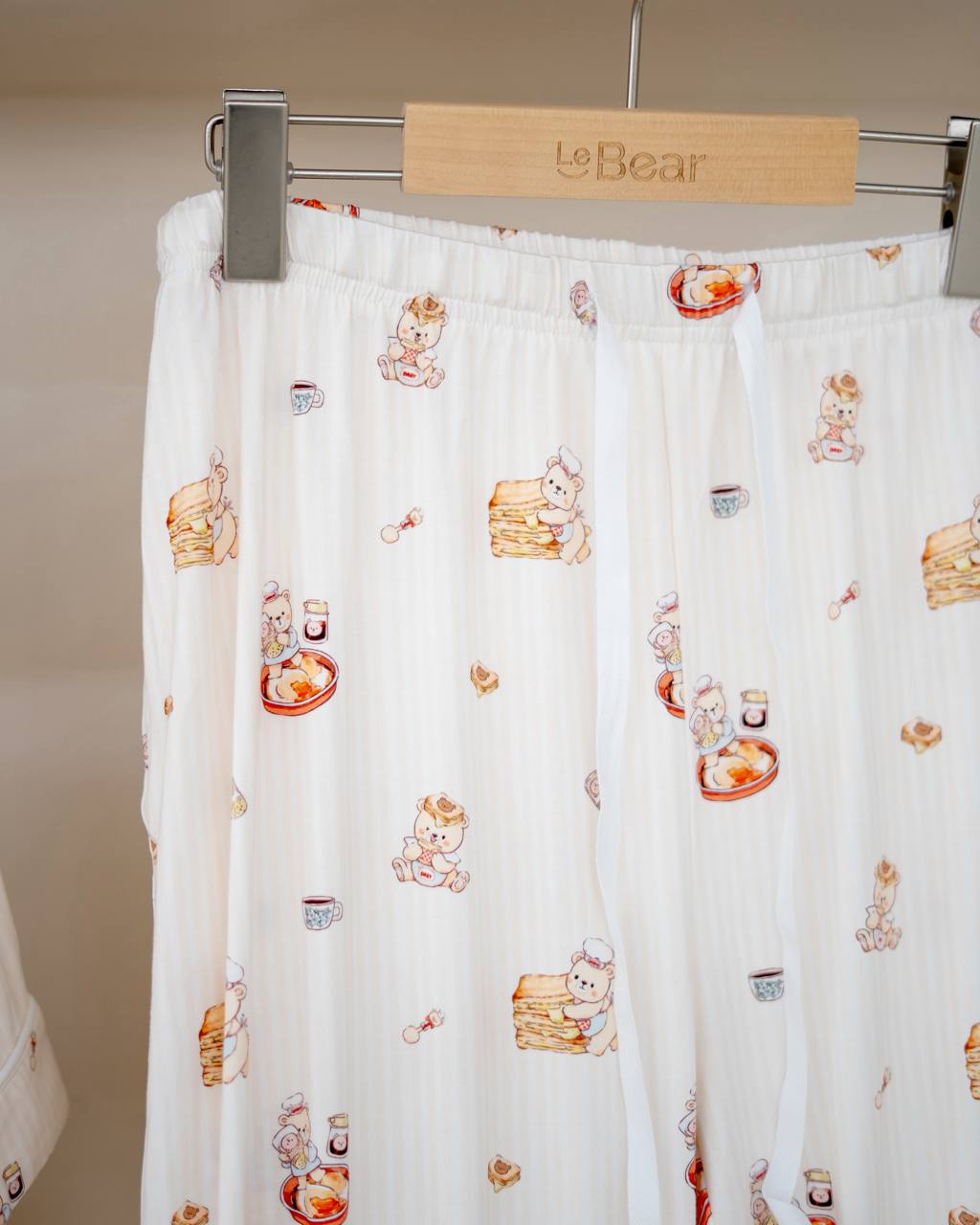 Close-up of LeBear Adult Kaya Butter Toast Bamboo Pyjamas Pants Set featuring playful kaya toast bear print and soft elastic waistband.