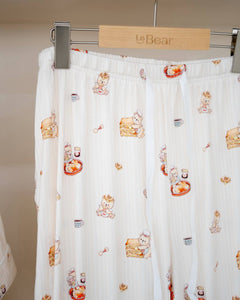 Close-up of LeBear Adult Kaya Butter Toast Bamboo Pyjamas Pants Set featuring playful kaya toast bear print and soft elastic waistband.