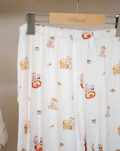 Close-up of LeBear Adult Kaya Butter Toast Bamboo Pyjamas Pants Set featuring playful kaya toast bear print and soft elastic waistband.