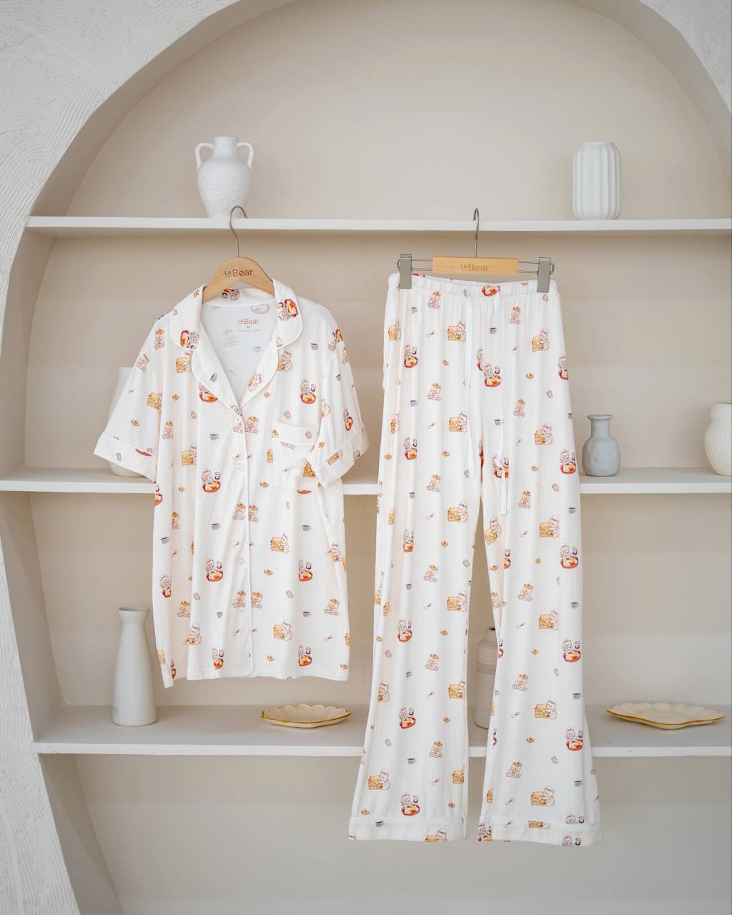 LeBear Adult Kaya Butter Toast Bamboo Pyjamas Pants Set displayed on hanger with button top and matching full-length pants.