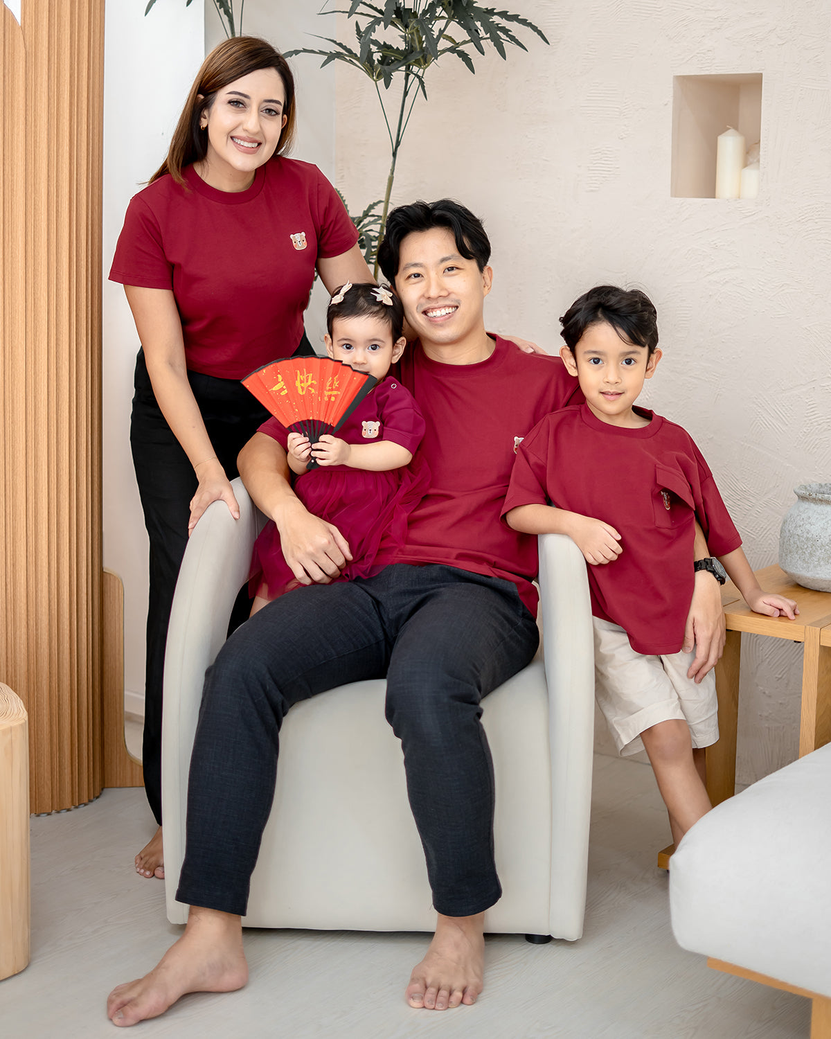 Family wearing LEBEAR Adult Oversized Tee in Red – Lunar Blossom Collection CNY outfits