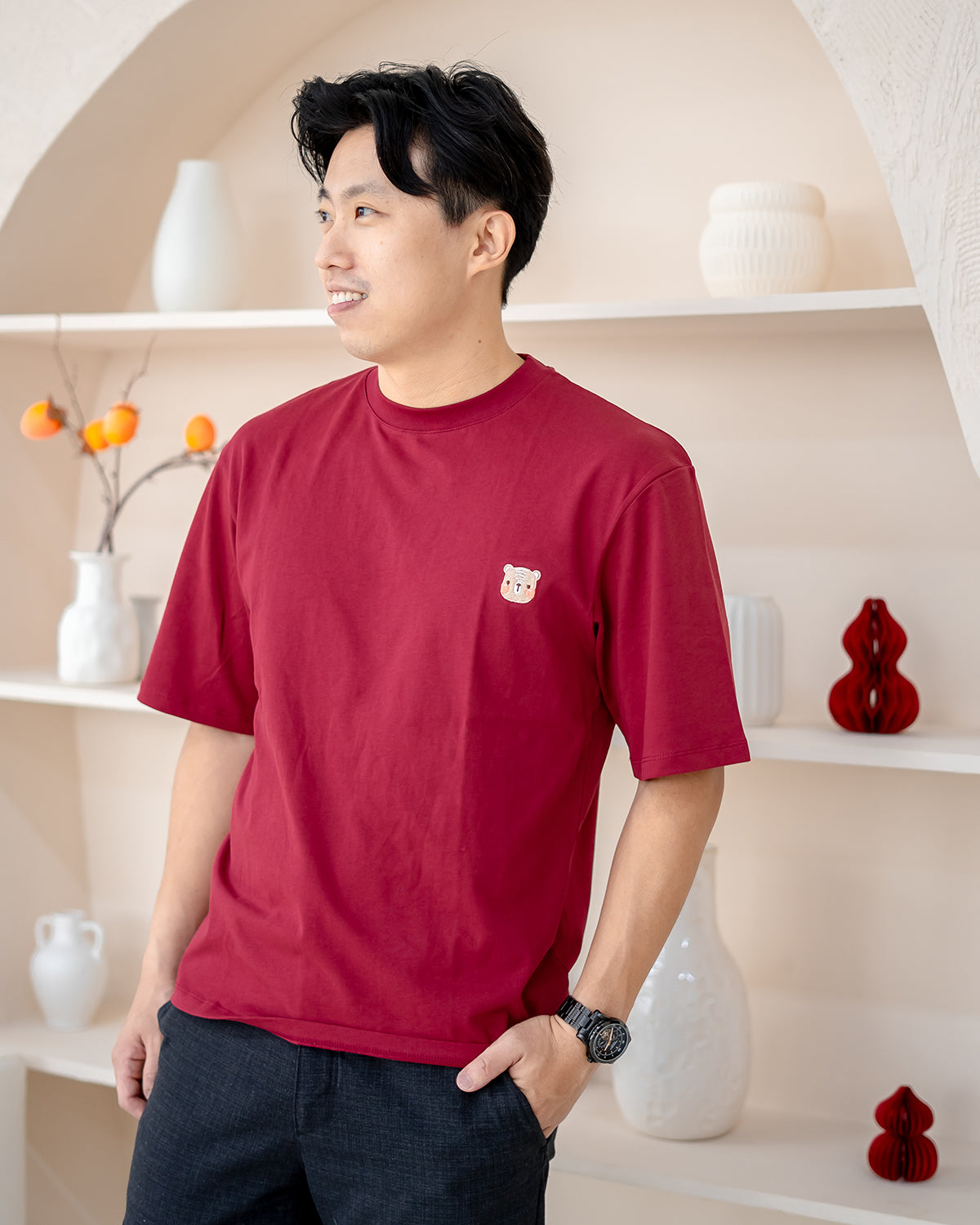 LEBEAR Adult Oversized Tee in Red full outfit – Lunar Blossom family matching apparel