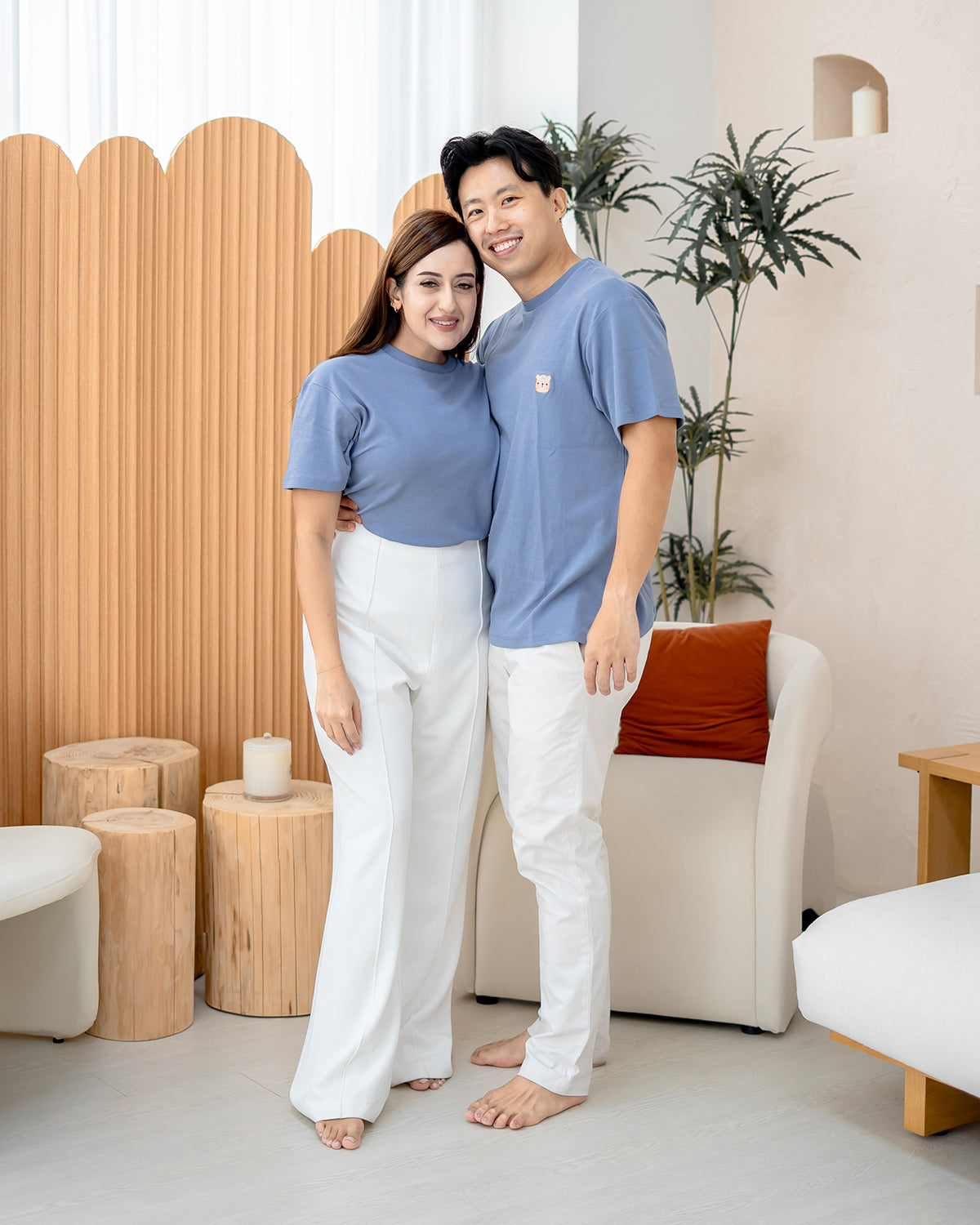 Family wearing LEBEAR Adult Signature Embroidery Tee in Steel Blue – premium cotton matching outfits