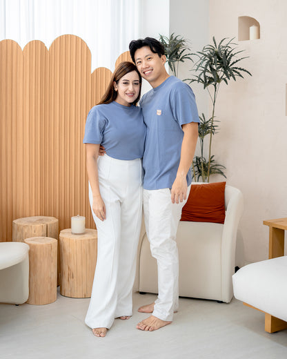 Family wearing LEBEAR Adult Signature Embroidery Tee in Steel Blue – premium cotton matching outfits