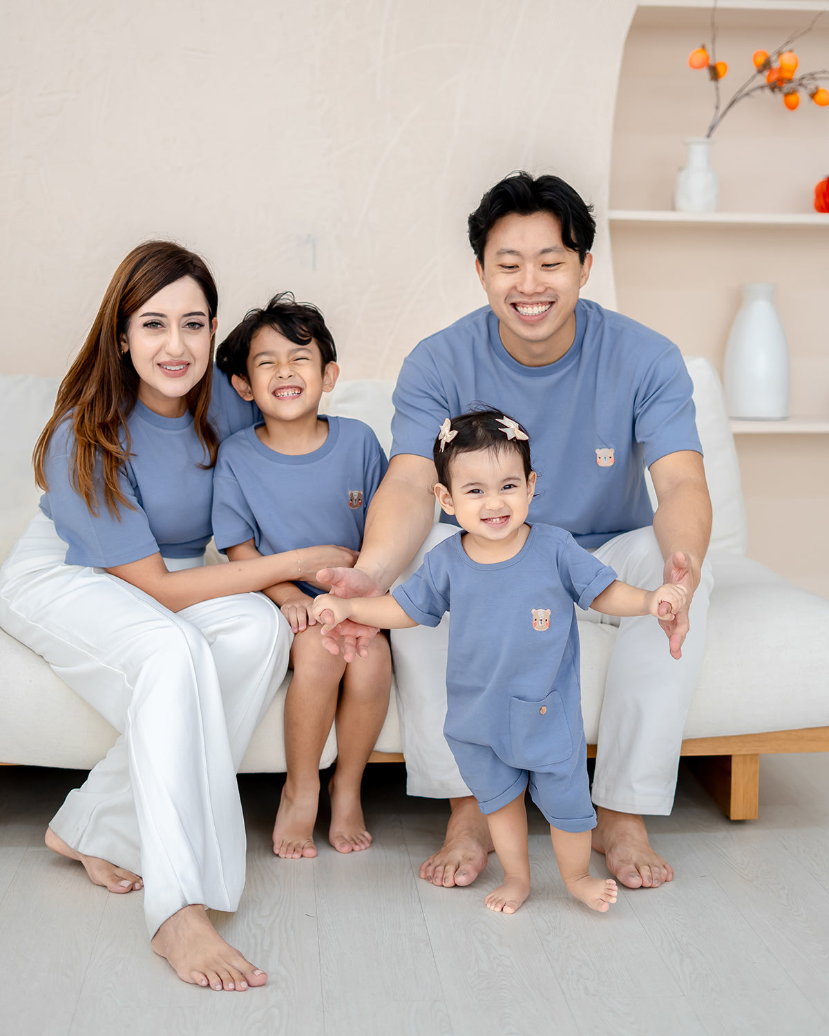 Parents and kids in LEBEAR Steel Blue Signature Embroidery collection – breathable cotton tees