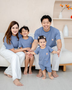 Parents and kids in LEBEAR Steel Blue Signature Embroidery collection – breathable cotton tees