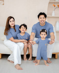 Toddler and parents in LEBEAR Steel Blue family matching tees – premium cotton apparel
