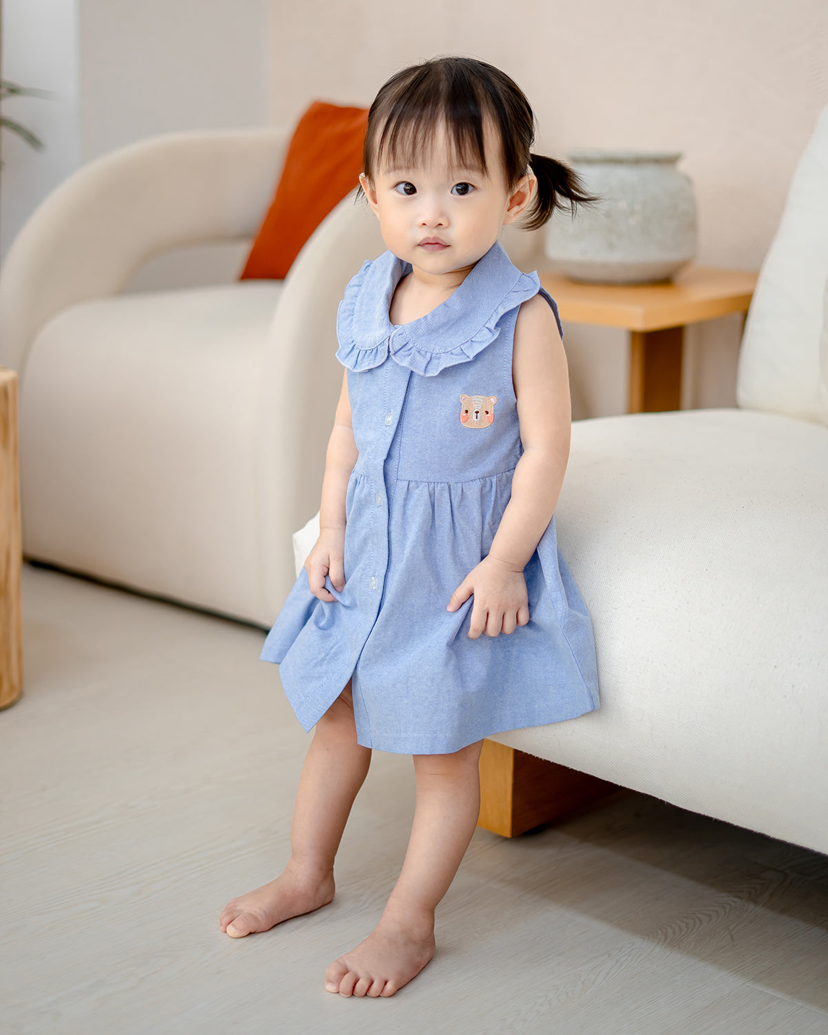 “LeBear Atelier Ruffle Collar Dress in Blue – comfortable tagless 100% cotton kidswear”