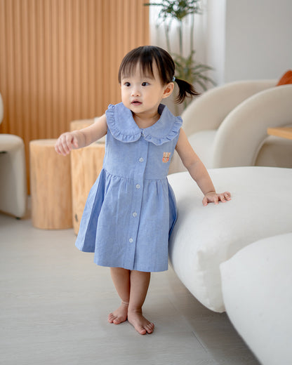 “LeBear Atelier Ruffle Collar Dress in Blue – breathable premium cotton toddler dress”