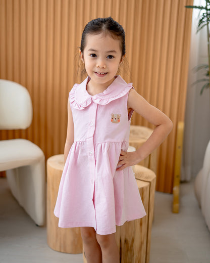“Close-up of LeBear Atelier Ruffle Collar Dress in Pink – soft 100% cotton girlswear”