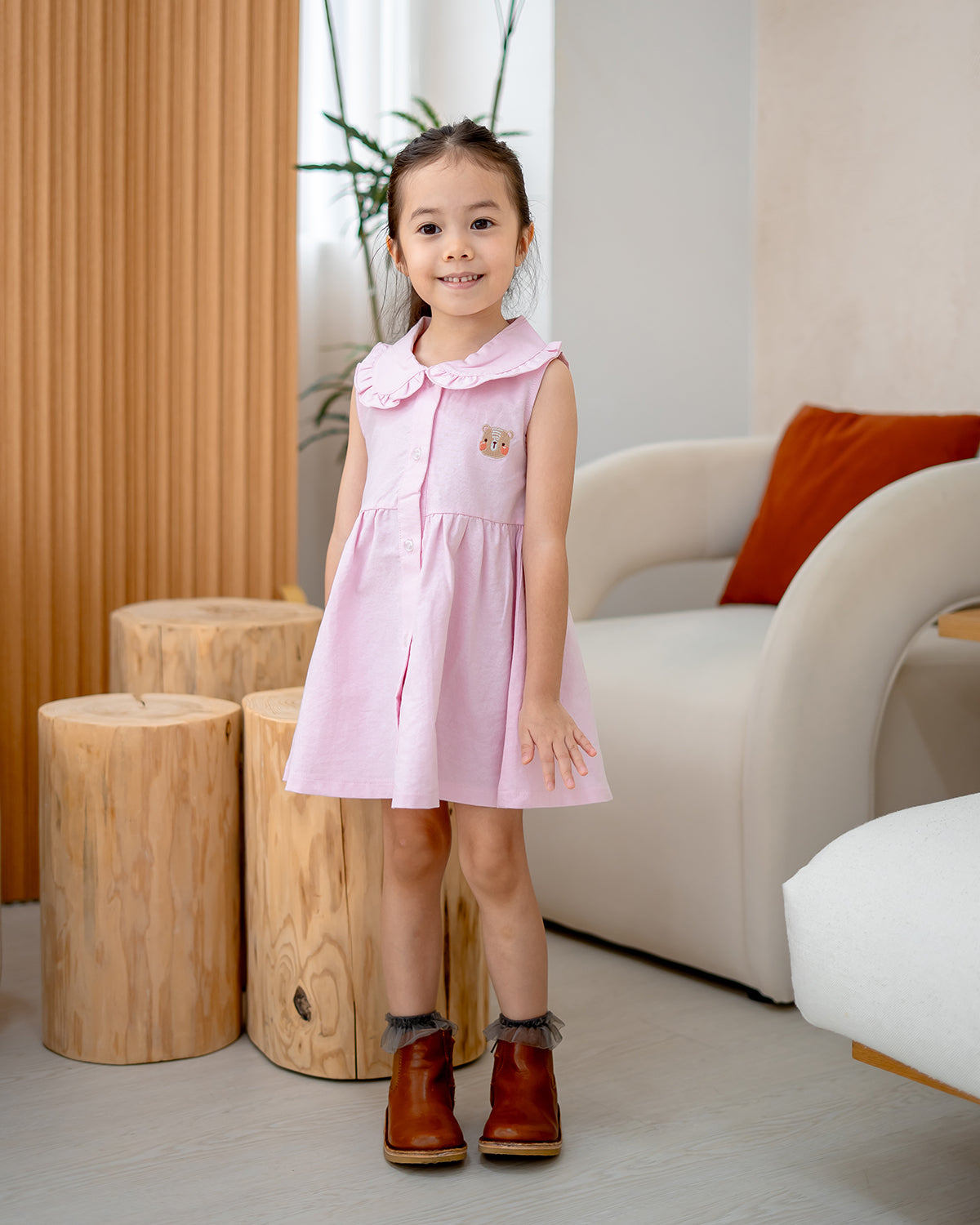 “LeBear Atelier Ruffle Collar Dress in Pink – lightweight breathable cotton kids dress”