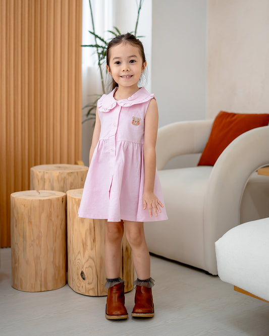 “LeBear Atelier Ruffle Collar Dress in Pink – lightweight breathable cotton kids dress”