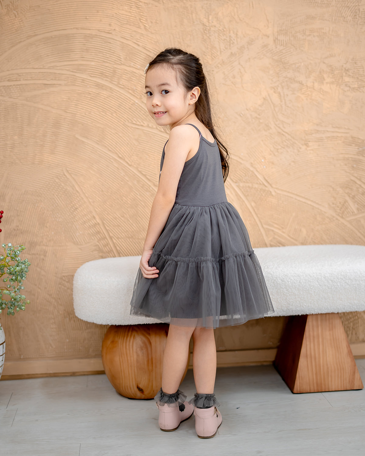 “Back view of LeBear Ballet Tulle Dress in charcoal grey, TENCEL blend top”