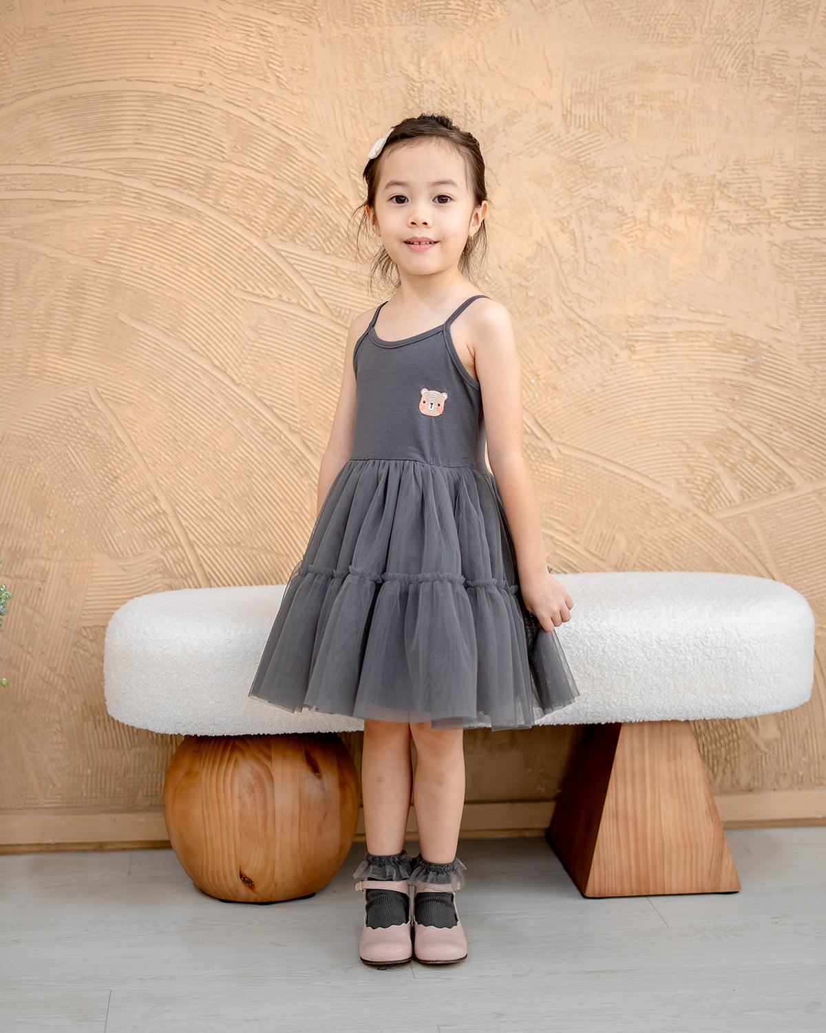 “Girl wearing LeBear Ballet Tulle Dress in Charcoal – TENCEL blend kids ballet dress Singapore”