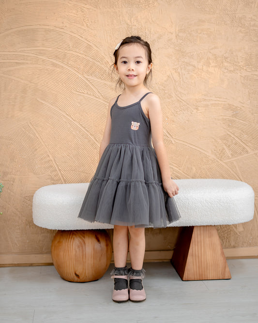 “Girl wearing LeBear Ballet Tulle Dress in Charcoal – TENCEL blend kids ballet dress Singapore”