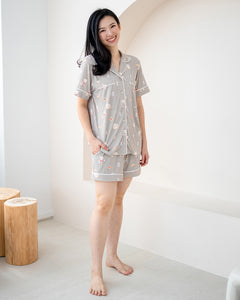 Full-body view of LeBear Bearista adult bamboo pyjamas with relaxed fit, short sleeves and matching shorts.
