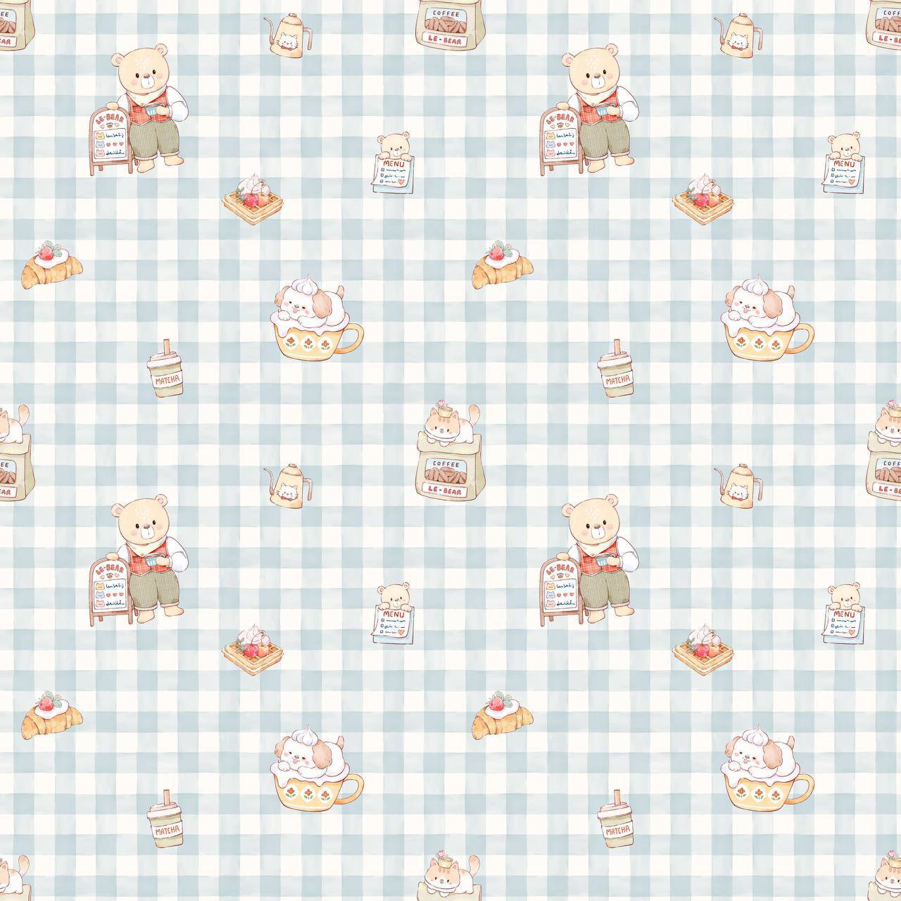 LeBear Bearista Bluebell Gingham print featuring teddy bears, café treats and coffee illustrations on a soft blue gingham background.