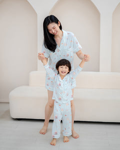 Mum and child in matching LeBear Bearista Bluebell Gingham bamboo pyjamas, perfect for family matching sleepwear.