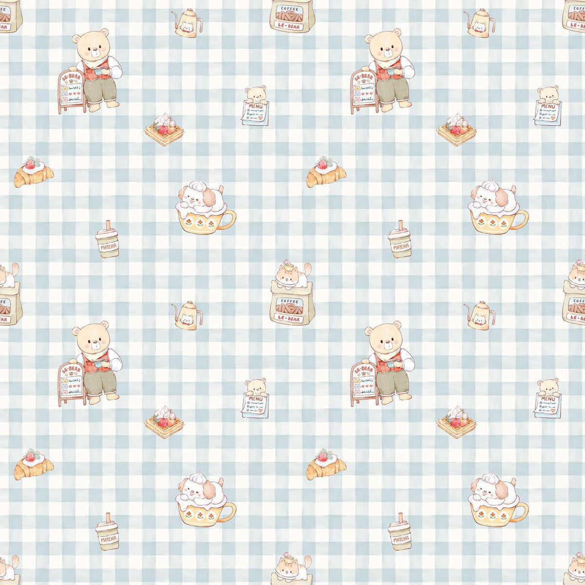 LeBear Bearista Bluebell Gingham print featuring café-inspired bears, pastries and gingham pattern on premium bamboo fabric.