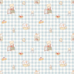 LeBear Bearista Bluebell Gingham print featuring café-inspired bears, pastries and gingham pattern on premium bamboo fabric.