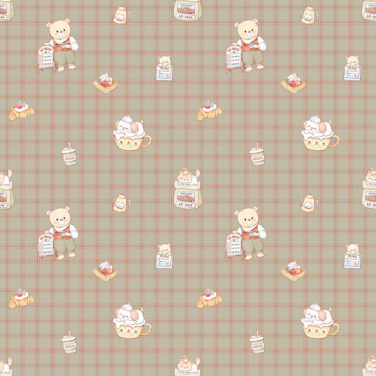 LeBear Bearista café print featuring teddy bears, pastries and coffee illustrations on a beige gingham background.