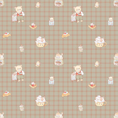 LeBear Bearista café print featuring teddy bears, pastries and coffee illustrations on a beige gingham background.