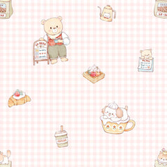 LeBear Bearista Pink Gingham print featuring café-inspired bears, pastries and gingham pattern on tencel fabric.