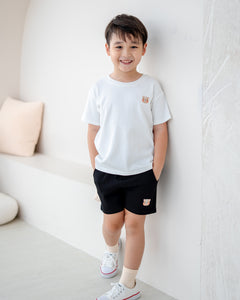 LeBear Signature black jogger shorts for kids with embroidered bear detail