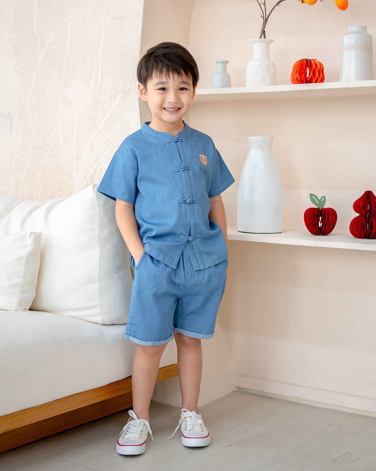 "LeBear Denim Serenity Mandarin Set – lightweight denim kids CNY outfit with mandarin knot buttons"