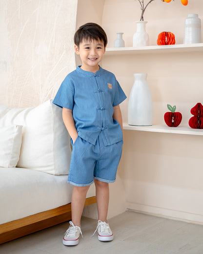 "LeBear Denim Serenity Mandarin Set – lightweight denim kids CNY outfit with mandarin knot buttons"