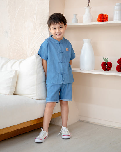 "Soft breathable denim mandarin top and shorts for boys – LeBear Chinese New Year collection"