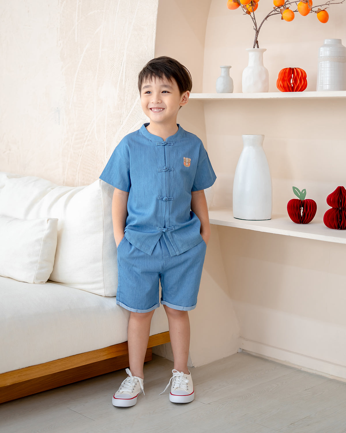 "Kids denim mandarin set in light blue with signature Lebear bear embroidery"