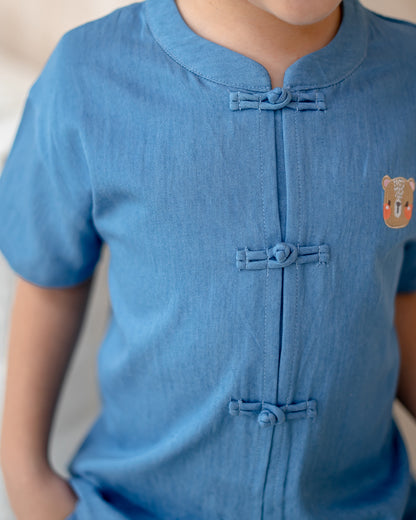 "Comfortable festive boys’ outfit – LeBear lightweight denim Chinese New Year mandarin set"