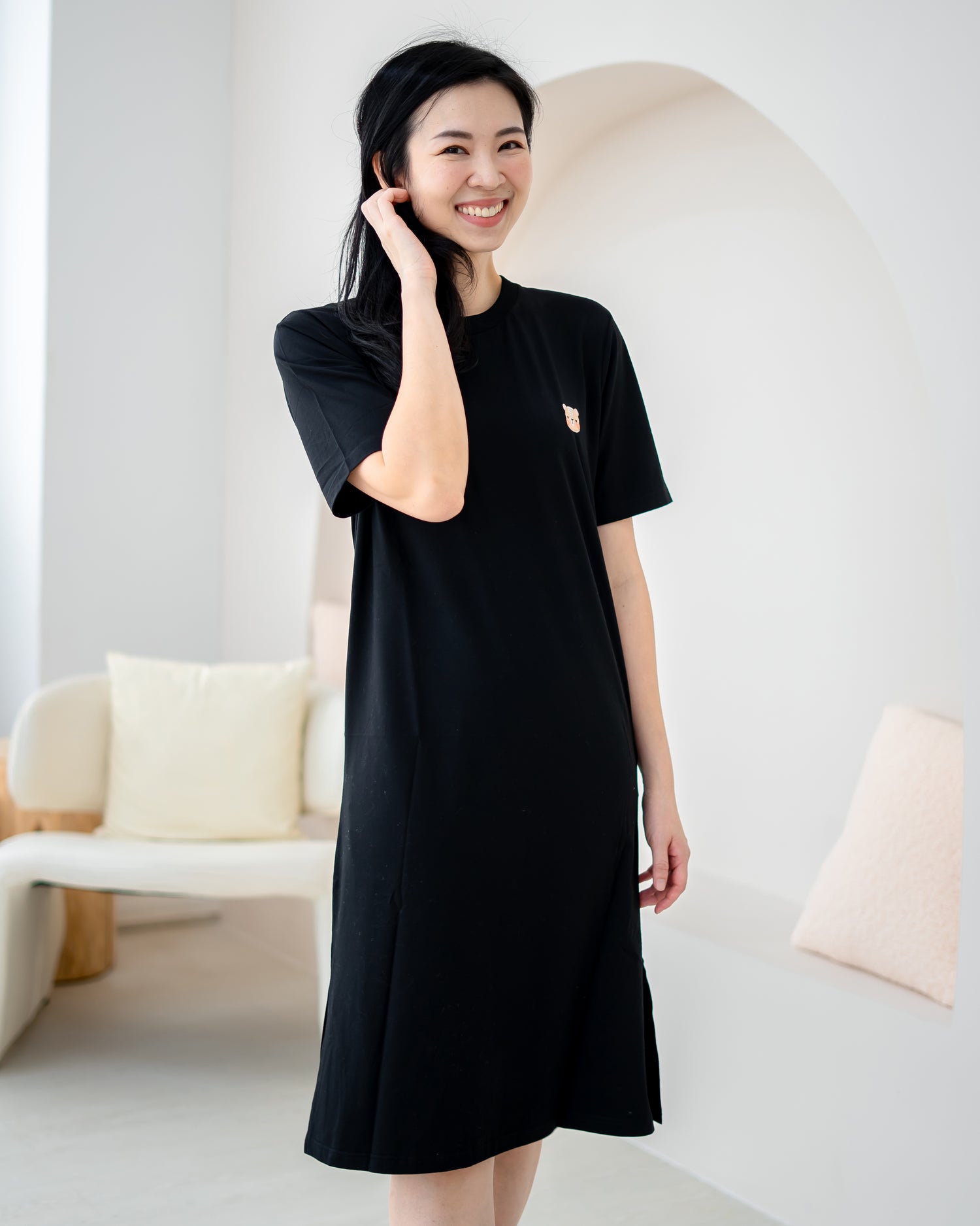 LeBear Easy Slit TENCEL™ Dress black with bear embroidery logo soft breathable sustainable women dress