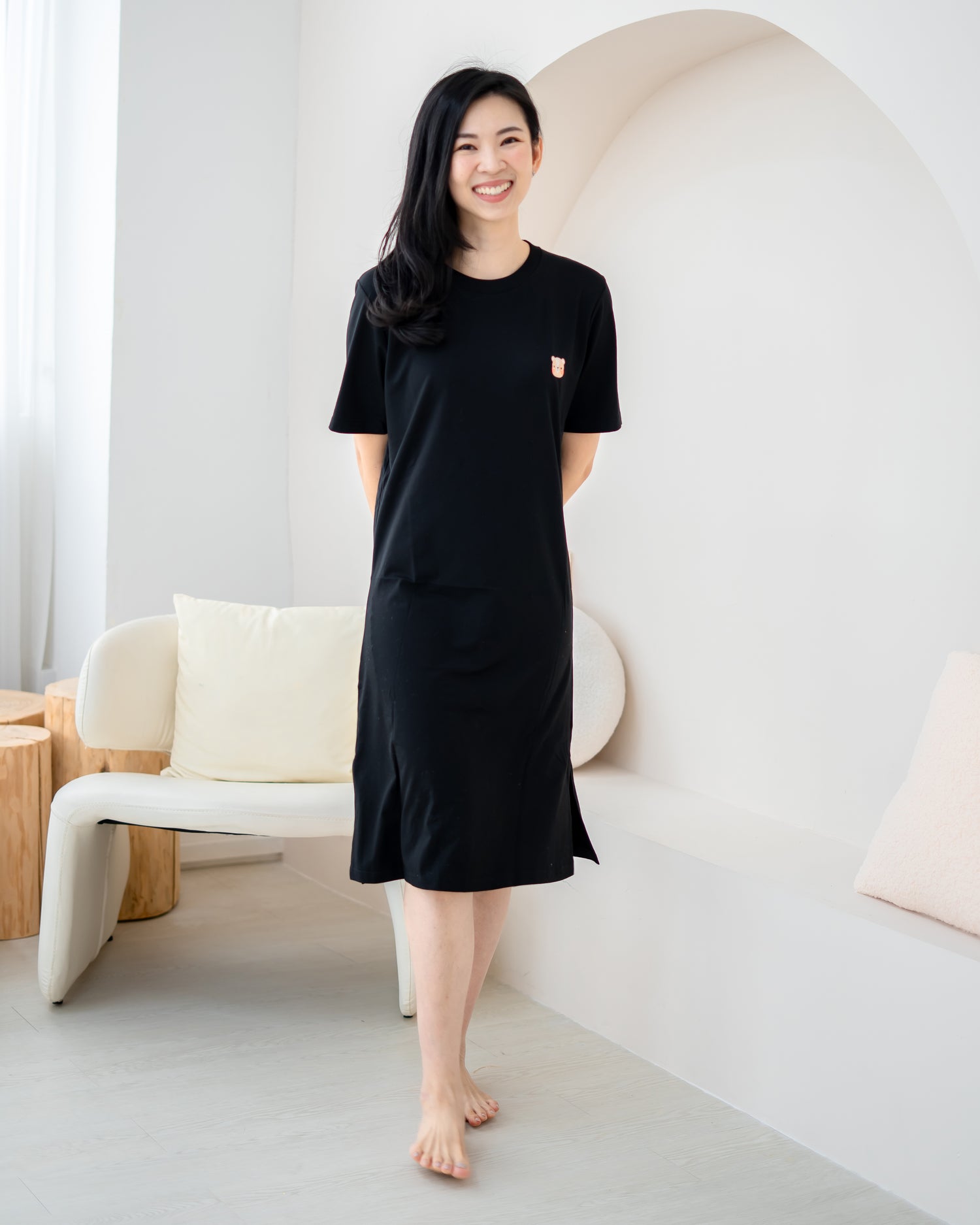 LeBear Easy Slit TENCEL™ Dress black front view minimalist breathable women midi dress comfortable everyday wear