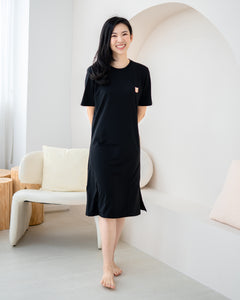 LeBear Easy Slit TENCEL™ Dress black front view minimalist breathable women midi dress comfortable everyday wear