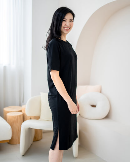 LeBear Easy Slit TENCEL™ Dress black side profile relaxed fit soft breathable women casual lounge dress