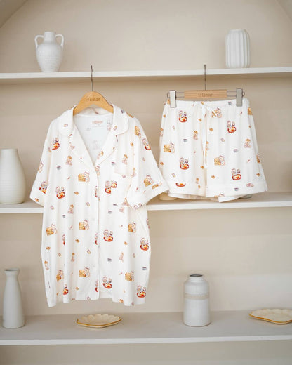 LeBear Kaya Butter Toast bamboo short pyjamas made from OEKO-TEX certified fabric, lightweight cooling sleepwear with playful toast print in Singapore