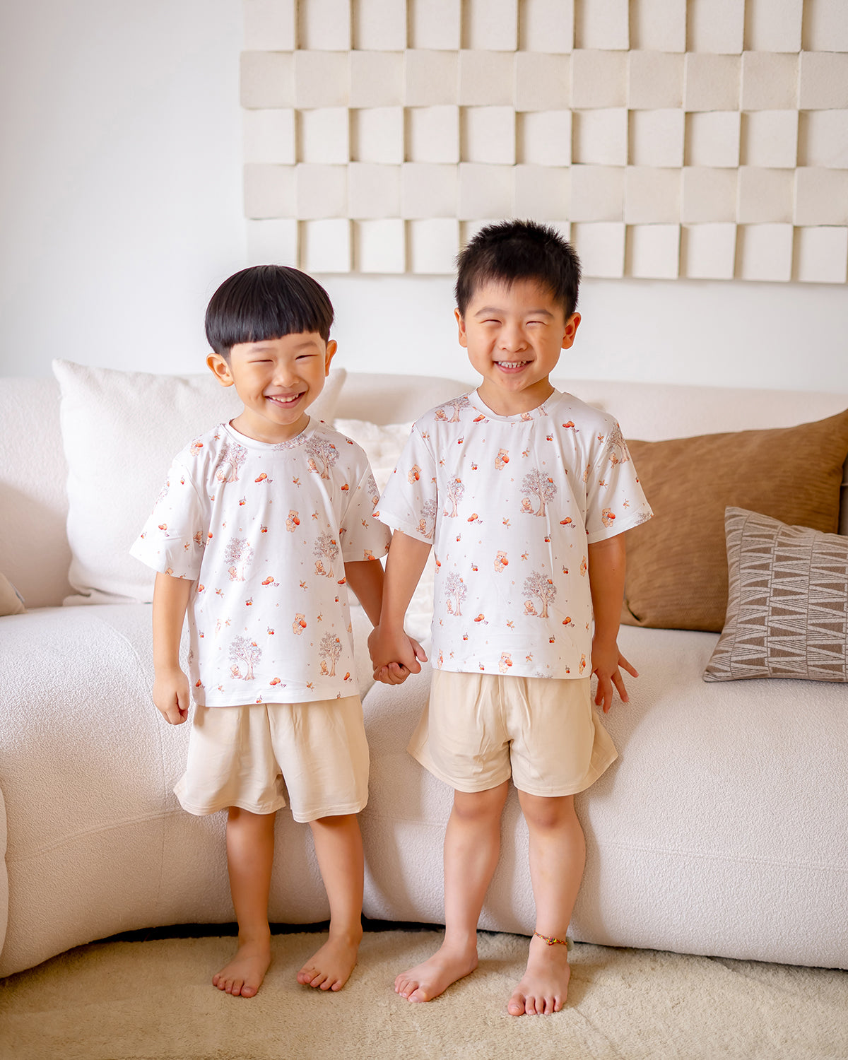 LeBear Mushroom Bear bamboo kids lounge set with short sleeve top and beige shorts, crafted from OEKO-TEX® certified bamboo