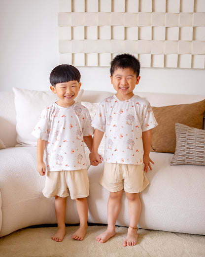 LeBear Mushroom Bear bamboo kids lounge set with short sleeve top and beige shorts, crafted from OEKO-TEX® certified bamboo