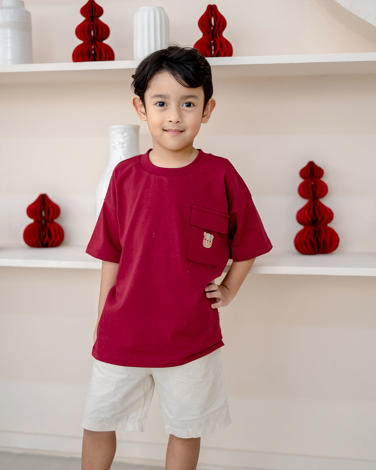 Boy wearing LEBEAR Kids Oversized Tee in Red – comfy premium cotton CNY outfit