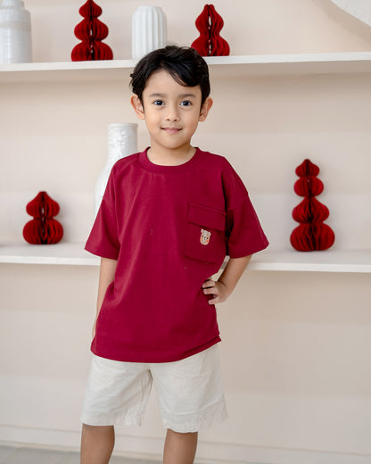 Boy wearing LEBEAR Kids Oversized Tee in Red – comfy premium cotton CNY outfit