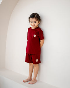 LeBear Kids TENCEL™ Lounge Set in Ruby with signature bear embroidery