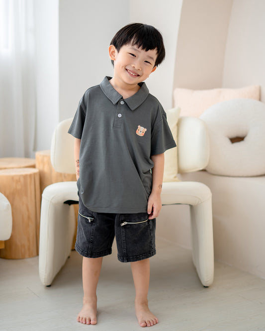 LeBear kids TENCEL™ polo shirt grey front view boy soft breathable neutral kids clothing smart casual boys polo tee Singapore