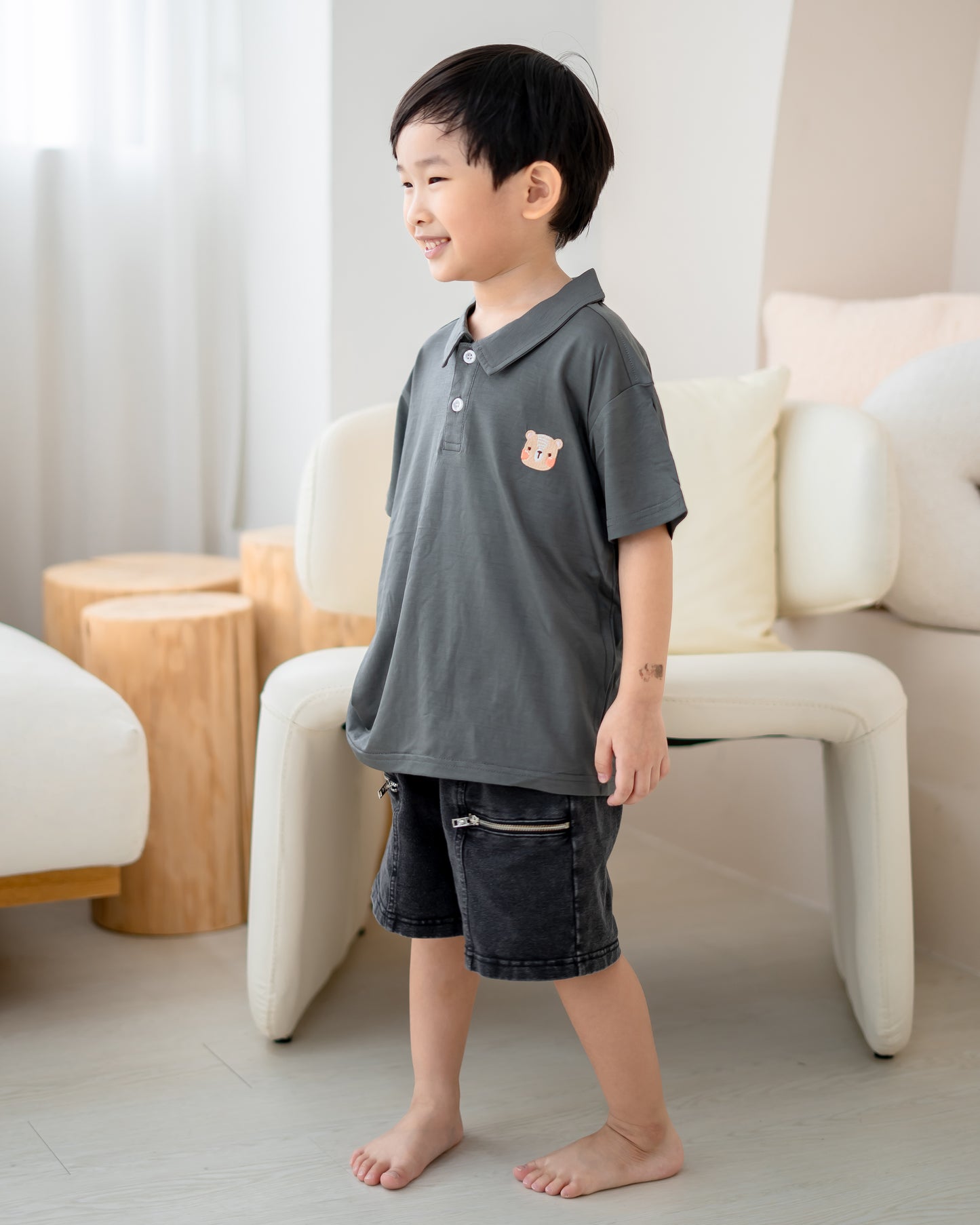 LeBear kids TENCEL™ polo shirt grey side profile relaxed fit breathable boys polo shirt comfortable kids outfit Singapore
