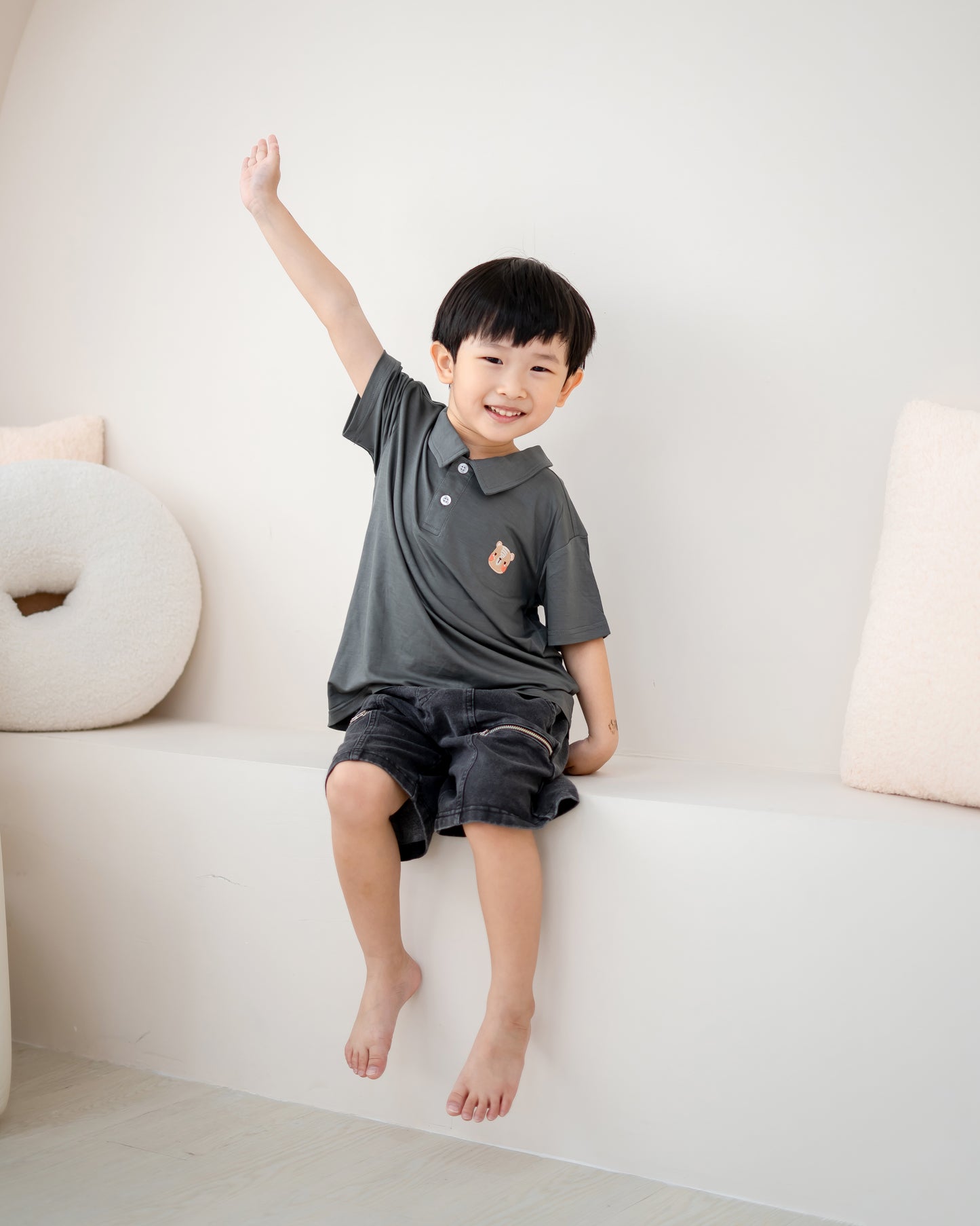 LeBear kids TENCEL™ polo shirt grey sitting playful boy soft breathable neutral kids wear smart casual Singapore