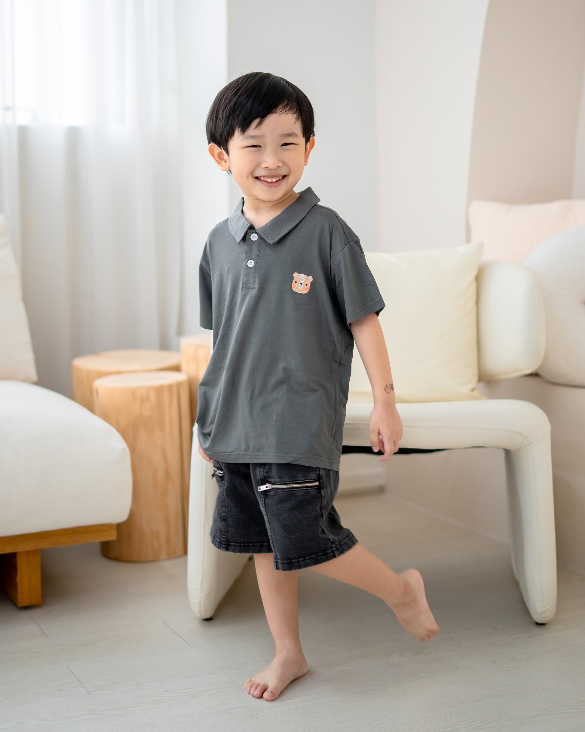 LeBear kids TENCEL™ polo shirt grey walking boy soft breathable comfortable everyday kids outfit Singapore