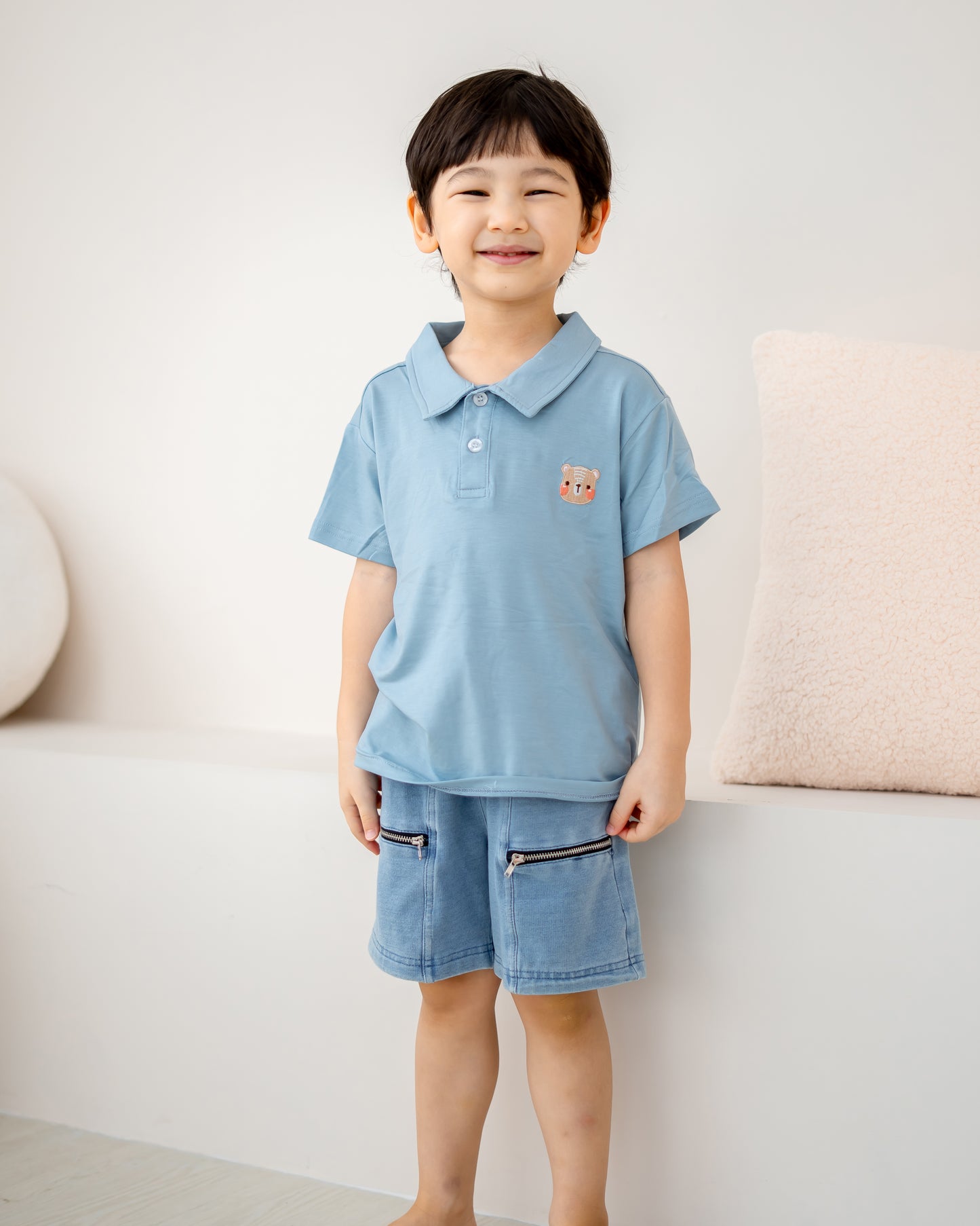 LeBear kids TENCEL™ polo shirt light blue front view soft breathable boys polo tee pastel smart casual kids clothing